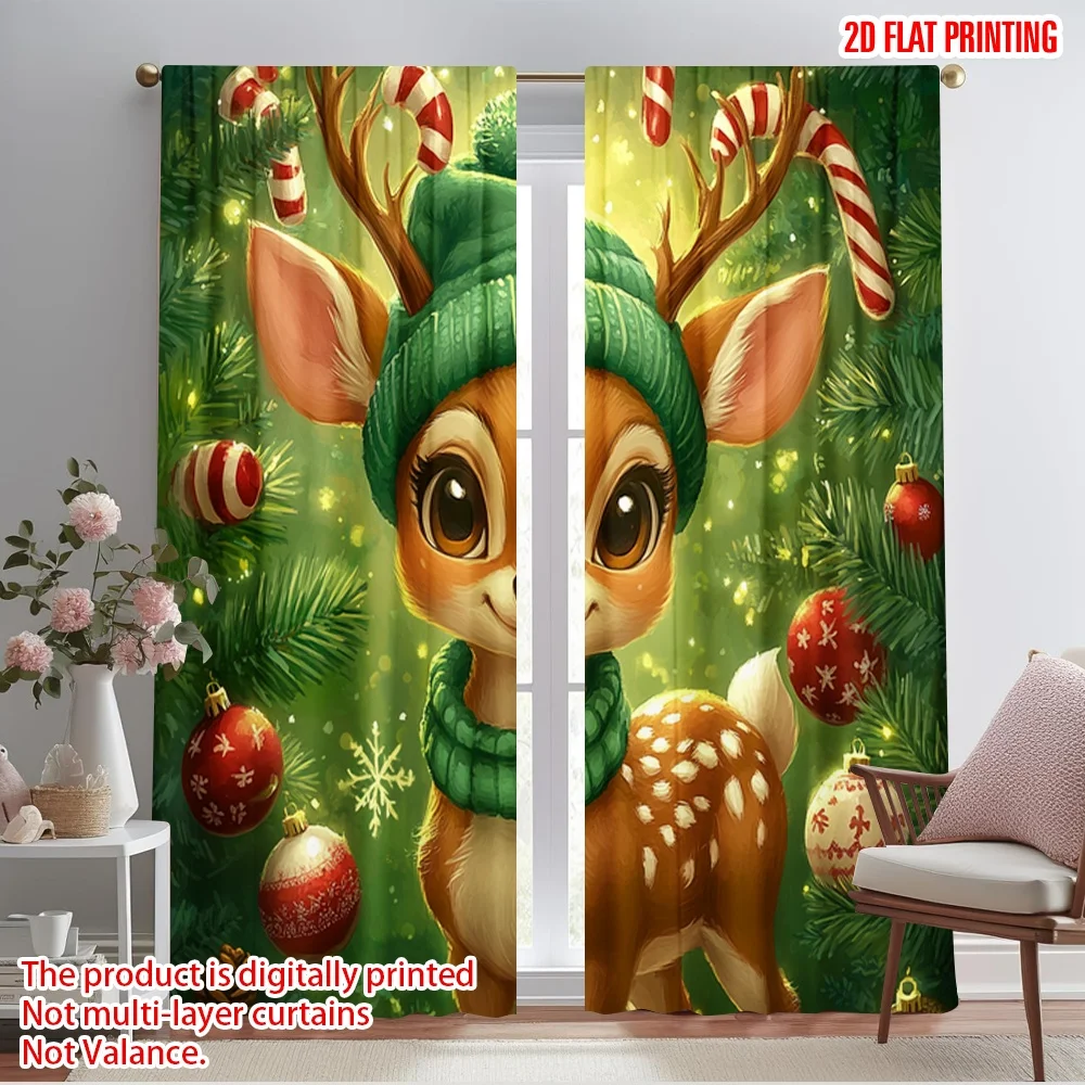 2pcs,2D plane printing Window Curtain Cute Christmas Reindeer Holiday Cheer (3) 100% Polyester (without rod) Holiday Use for