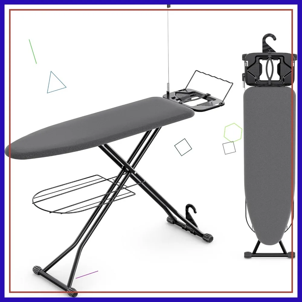 

Compact Ironing Board Full Size, 7 Adjustable Heights with Hanger & Iron Rest, Heavy Duty with Storage Tray, 13x43 Black