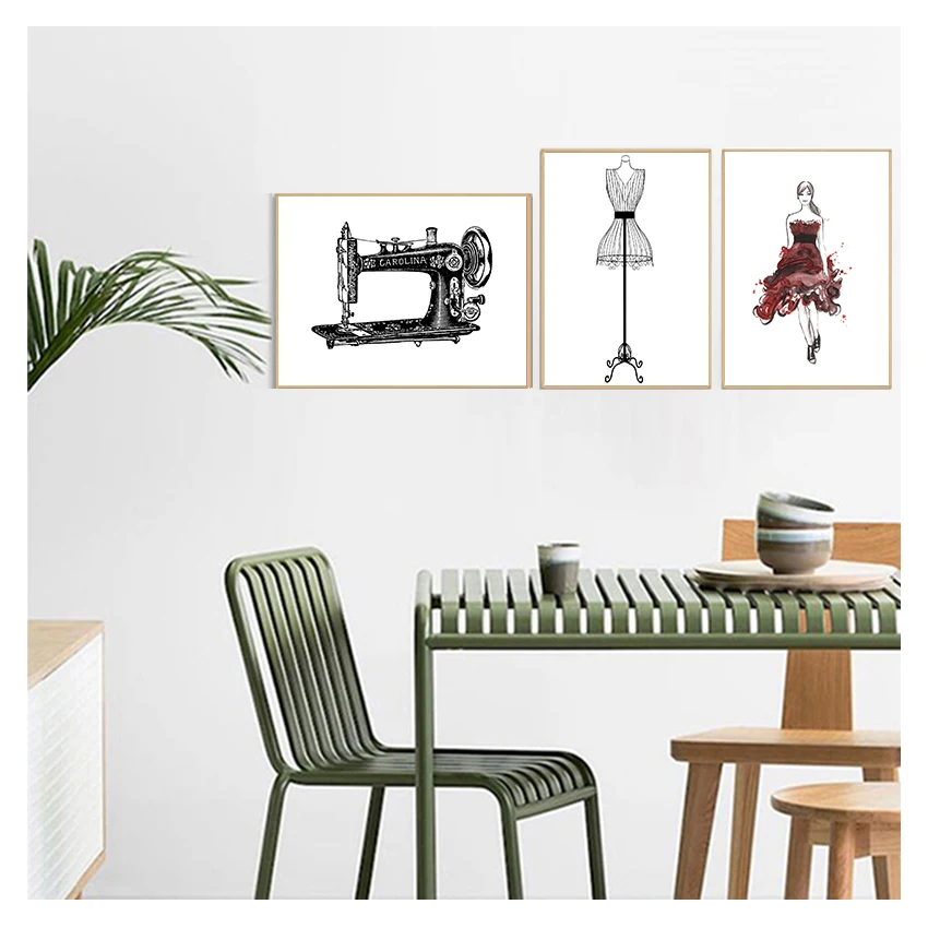 Picture Room Wall Decor , Vintage Fashion Sewing Machine Poster Model Mannequin Canvas Painting Sewing Print Fashion Wall Art