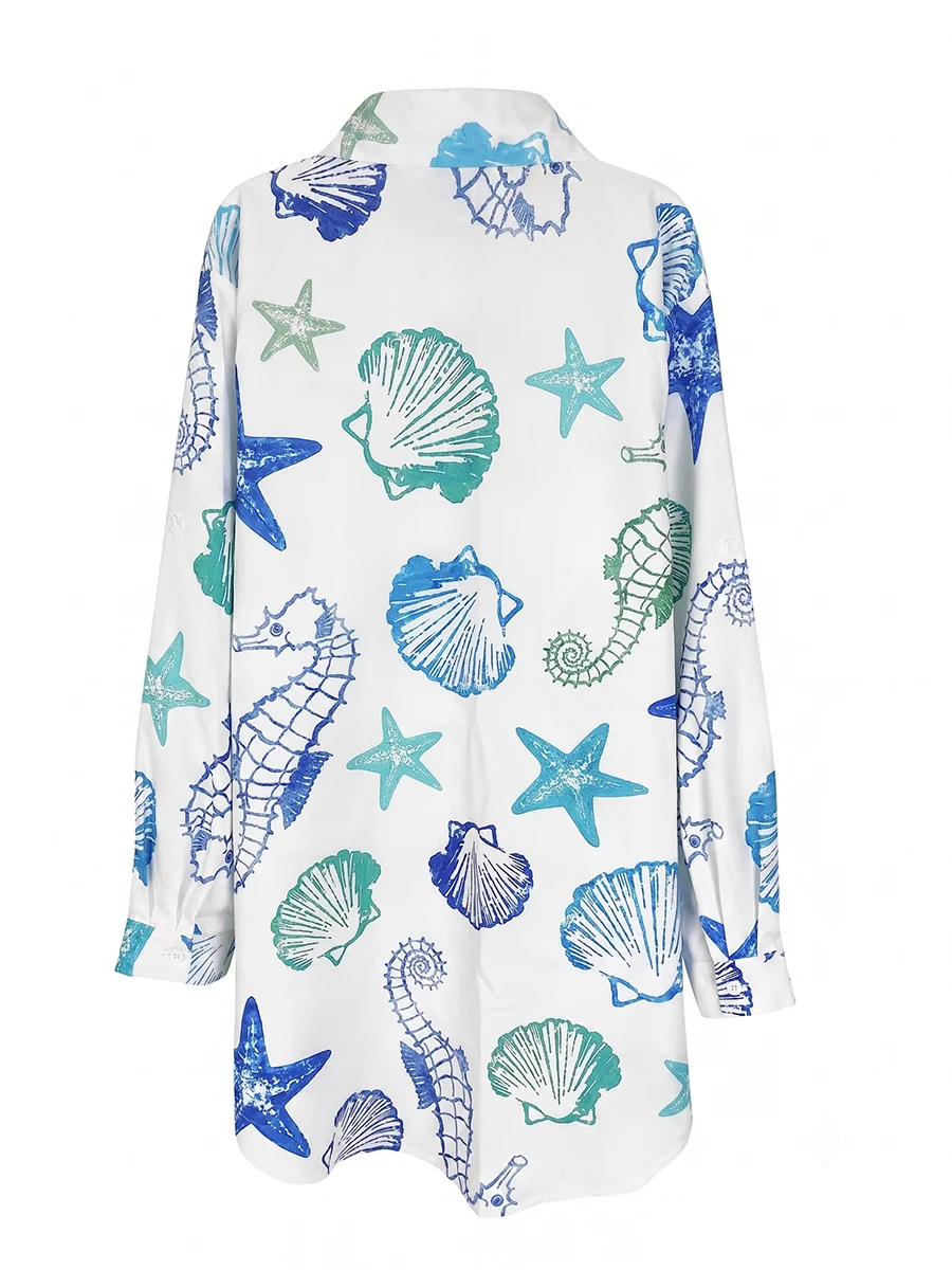 Damen Langarm-Hemdkleid mit Knöpfen, Lässige Lose Bluse mit Muschel- und Seestern-Druck, Elegante Y2k-Mode Streetwear für Frauen – Detail 5
