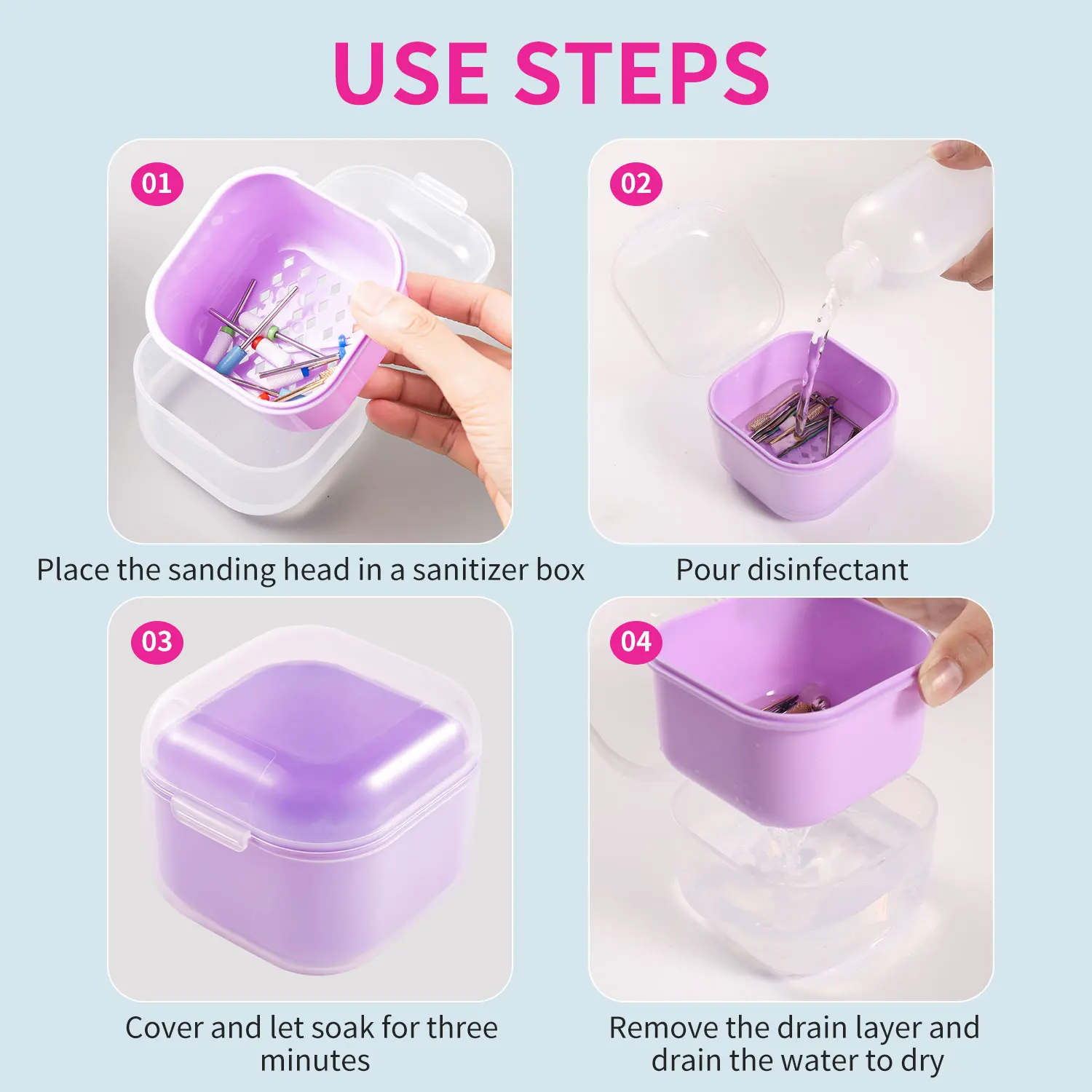 Forets à ongles de filtrage carrés à Double couche, boîte de désinfection de trempage, mallette de rangement d'outils pour ongles, conteneur de nettoyage de brosse de manucure