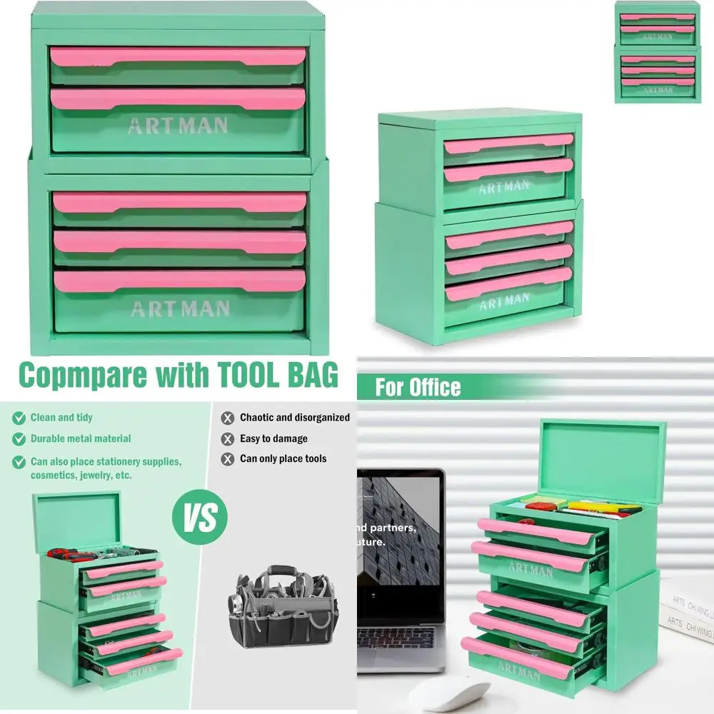 

Portable 2-3 Layer Steel Tool Chest, Stackable Organizer Drawers for Home, Office, and Workshop, Creamy Green & Pink