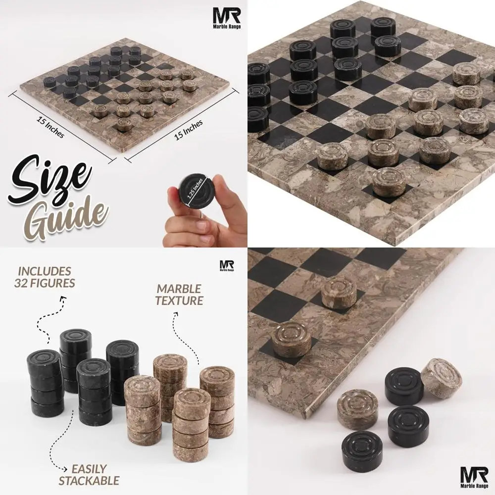

15 Oceanic & Black Marble Checker Set - Handcrafted 2-Player Tournament Board Game for Holidays