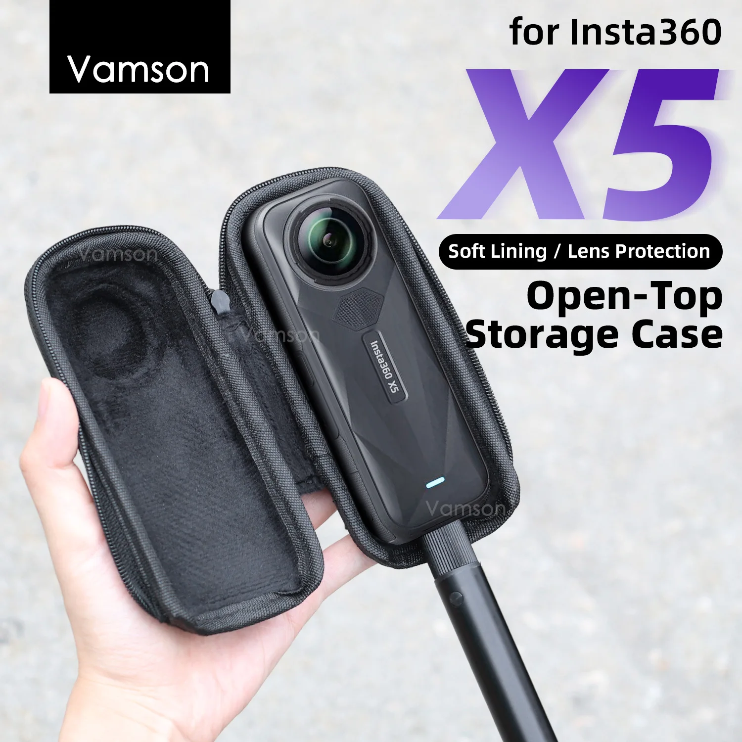 Vamson Halboffene Schutztasche für Insta360 X5/X4, stoßfest, Stativ, Selfie-Stick, Linsenschutz, Kamerazubehör