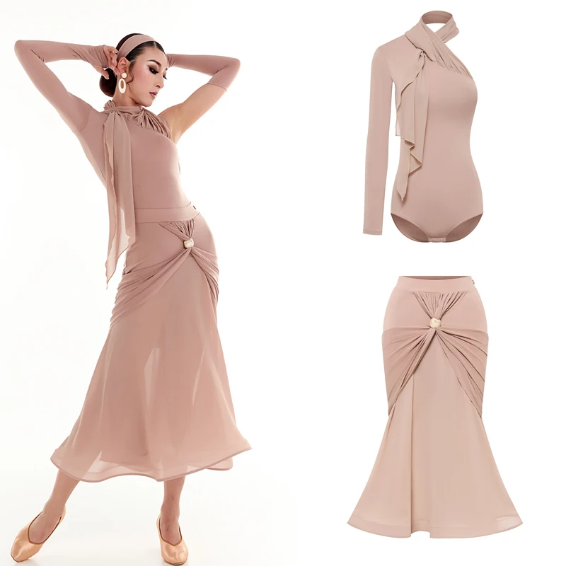 

DUYQ Вальс Бальные танцы Профессиональные платья Женские розовые костюмы для латинских танцев с одним рукавом Юбки для современных латинских танцев SL13844