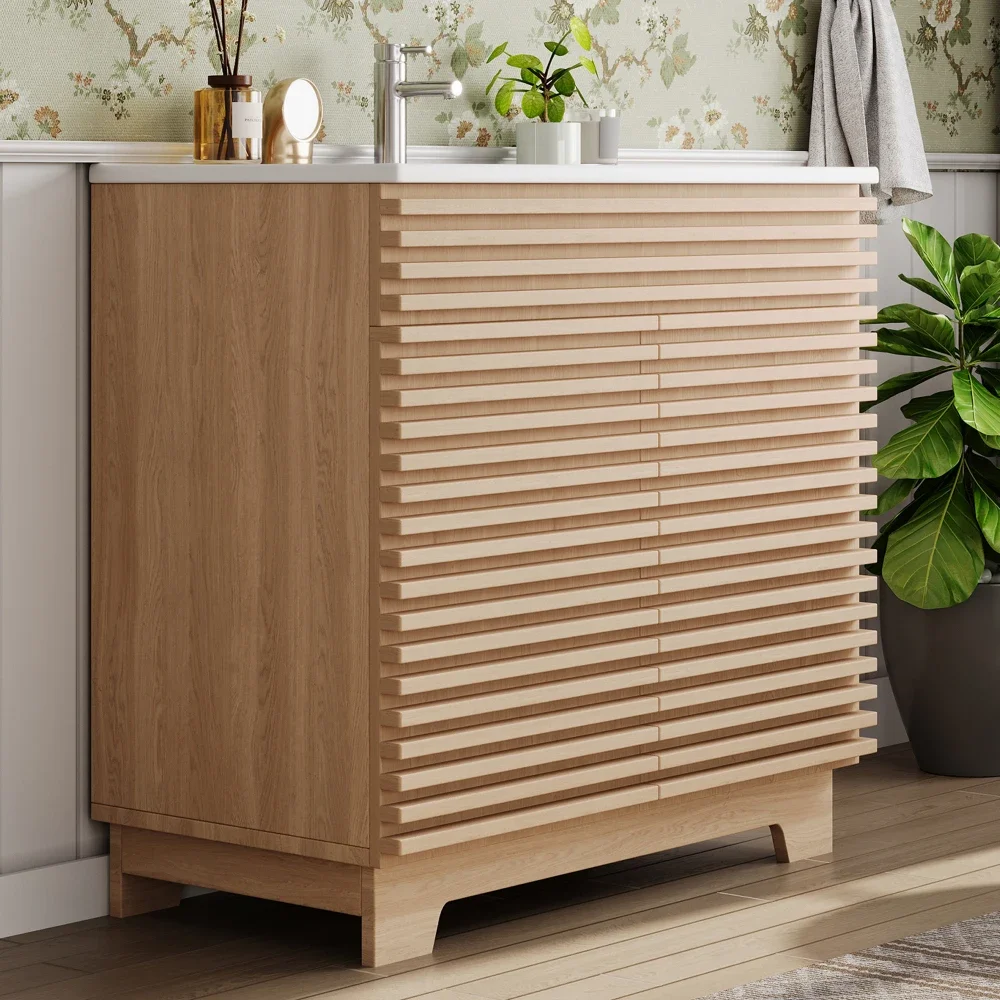 Mobiletto da bagno autoportante con vano contenitore, dimensioni 91x46x80 cm, con lavabo integrato, armadio a doppia anta dotato di cerniere a chiusura ammortizzata, ripiani integrati e gambe alte,