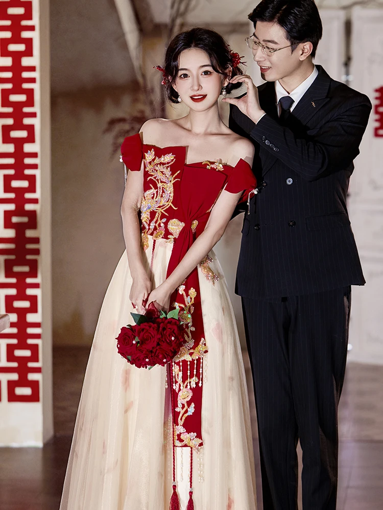 

Красное свадебное платье Dr New 2025: Новое, украшенное шифоном, на одно плечо, с длинной юбкой, для свадебной церемонии и банкета