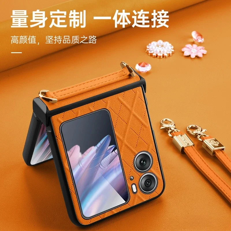 

FindN3 Чехол для мобильного телефона с ромбовидным сетчатым узором через плечо для OPPO FindN3 FindN2 Флип-складной твердый корпус с длинным ремешком и подставкой Кожаный чехол