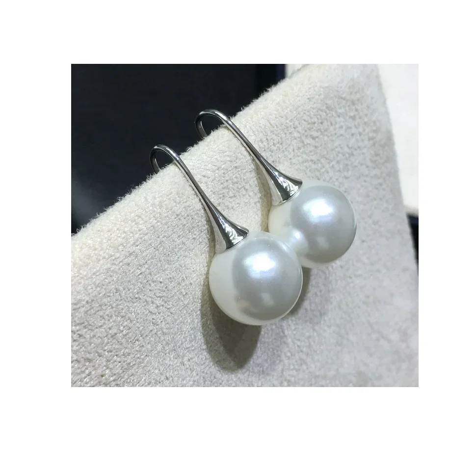 Charming Pair of 11-12mm Genuine South Sea White Round Pearl Earring 925 Sterling Silver