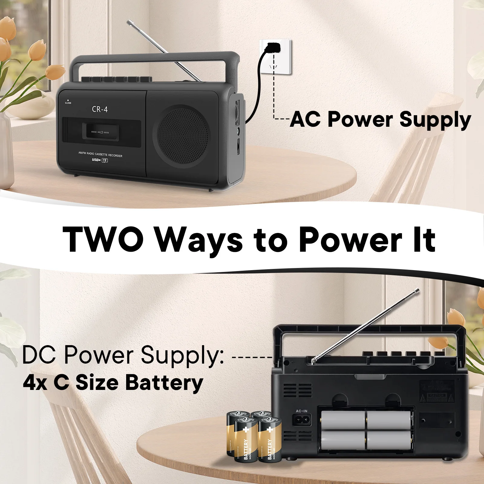 2024 مشغل مسجل كاسيت محمول متعدد الوظائف Boombox AM/FM راديو لاسلكي TF بطاقة/U مشغل أقراص MP3 سماعات موسيقى