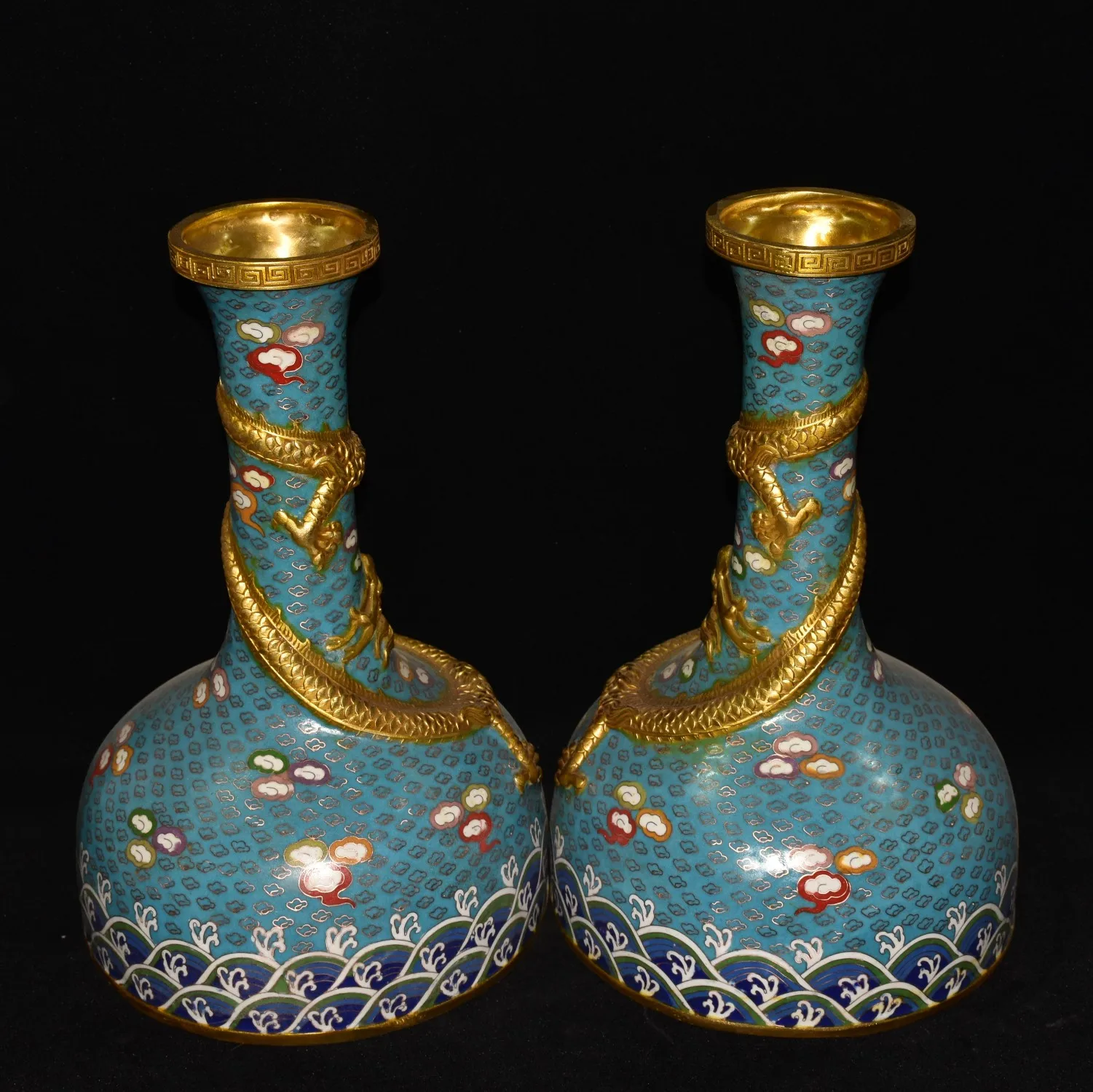 

15"Tibetan Temple Collection Old Bronze Cloisonne Enamel Dragon Pattern Vase A Pair Amass wealth Ornaments Exorcism