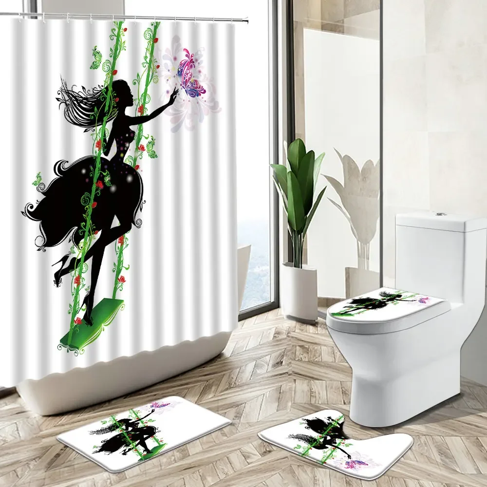 Butterfly Flower Girl Shower Curtain Woman Angel Abstract Art Home Decor Bath Mat Toilet Lid Cover Flannel Bathroom Carpet Set