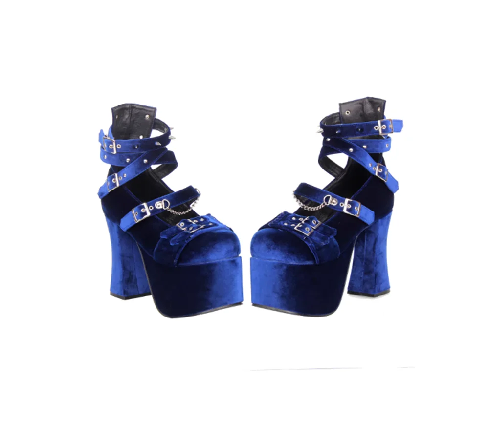 

New Round-Toe Low-Cut Lolita Shoes Blue Velvet Platform Mary Janes Chunky Block Heel Multi-Strap Buckle Stud Detail Chain Accent