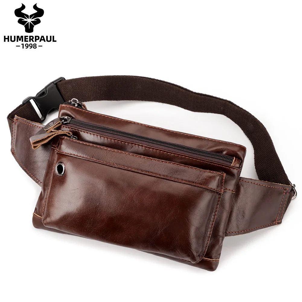 HUMERPAUL Cow Leather Men\'s Bag Fashion Waist Pack Bags Small Fanny Pack for Cell Phone and Cards High Quality Travel Chest Bag