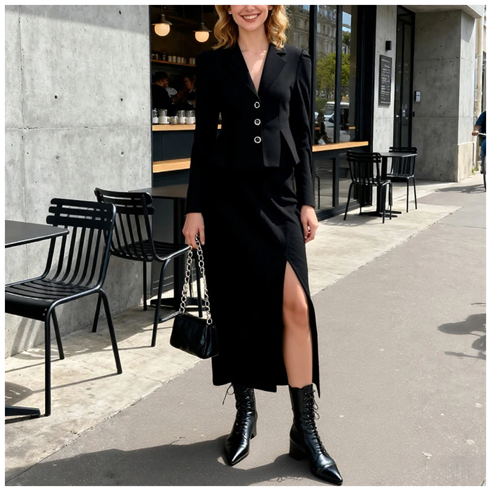 

2025 женский элегантный вечерний сексуальный универсальный черный пиджак и юбка средней длины с разрезом