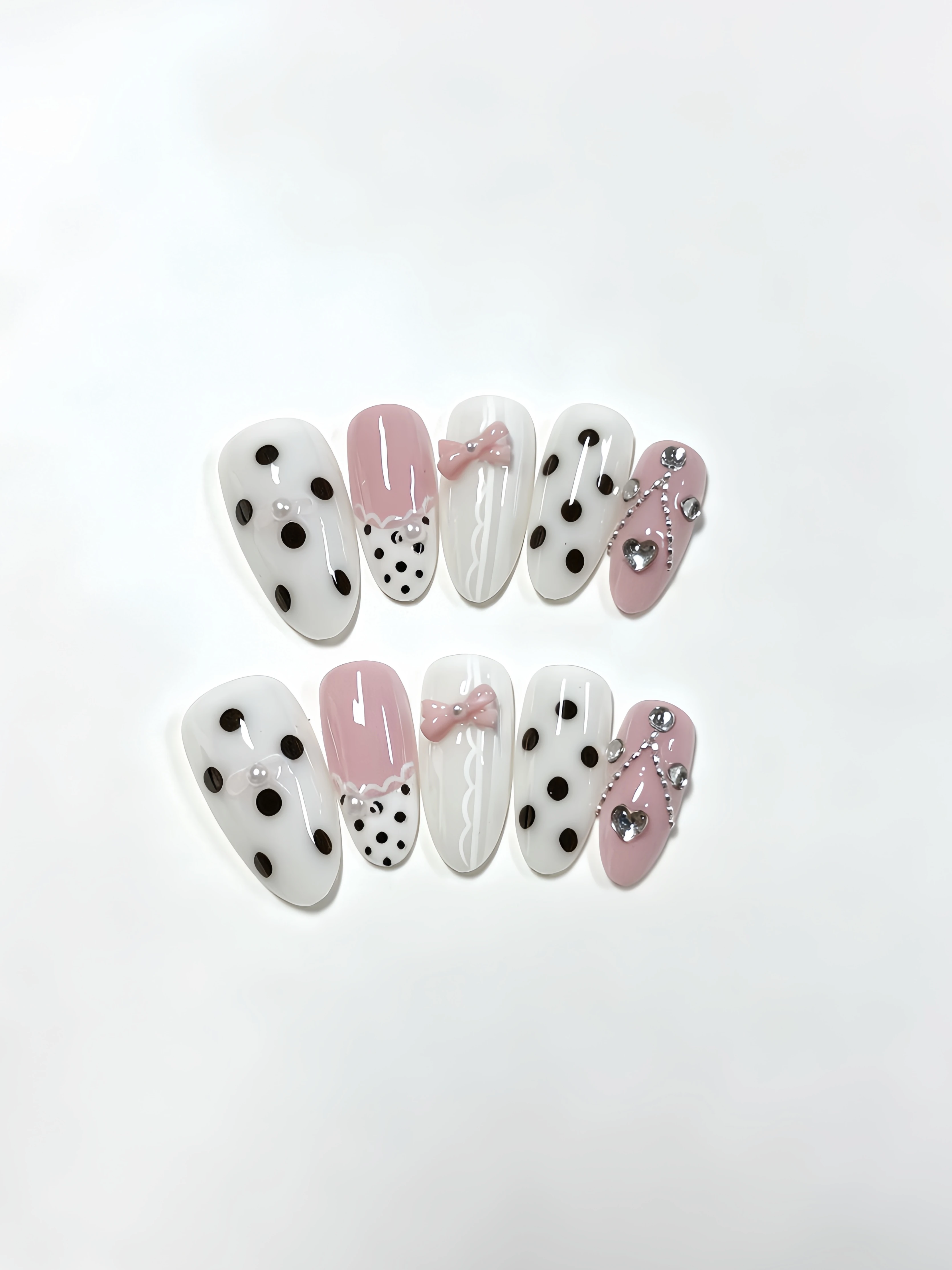 10-Piece Almond-Shaped Nails, Pink and White Contrasting Polka Dot Bow Lace Press-On Nails, Korean-Style Fresh Commuter Style Versatile Campus Nail Art, Date Night Vibe Halloween Sweet Cool Style Nail Stickers
