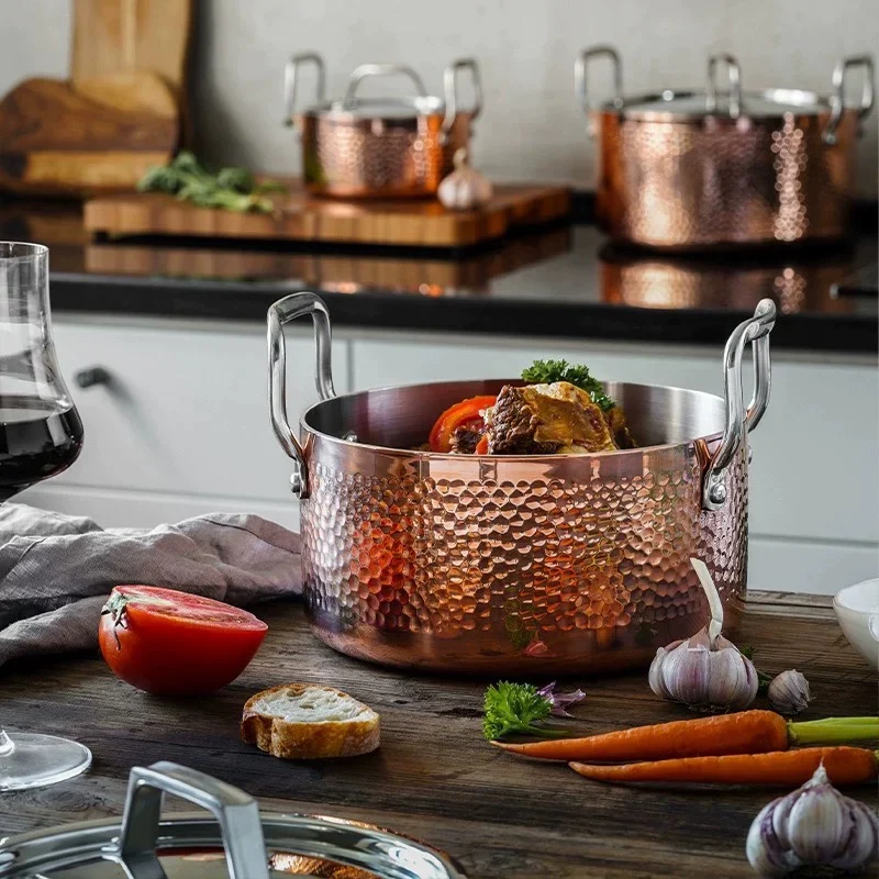 Hand-Hammered Pure Copper Soup & Stew Pot Thick-Walled Cookware for Gas & Induction Multi-Purpose Braising & Kitchen