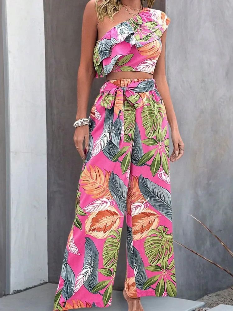 

Women Vacation Two Piece Set 2025 Summer Off Shoulder Print Color Colorful Sleeveless Top High Waist Wide-Leg Pants 2 Piece Sets
