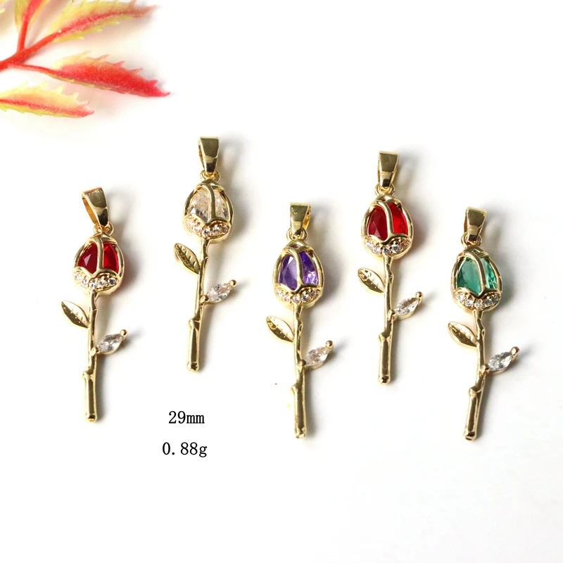 

10 PCs Rose Brass 8K Gold Plated Tulip Flower Micro Pave Clear Cubic Zirconia Pendants Exquisite Jewelry Findings