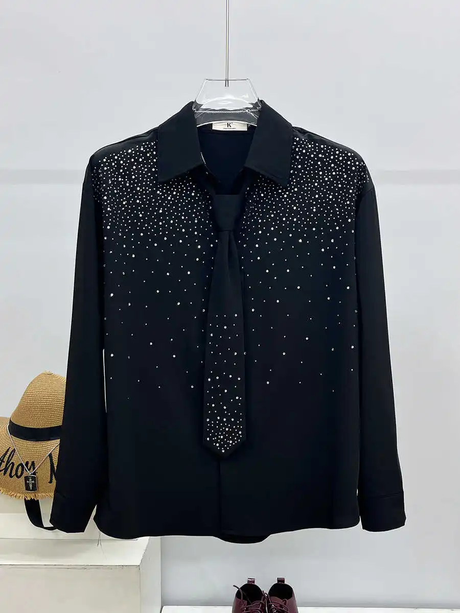 

Casual Glitter Tie Shirt Men's Long Sleeve Spring Autumn New Fashion Trend Loose Fit Handsome Neck No Brand Chinese Made