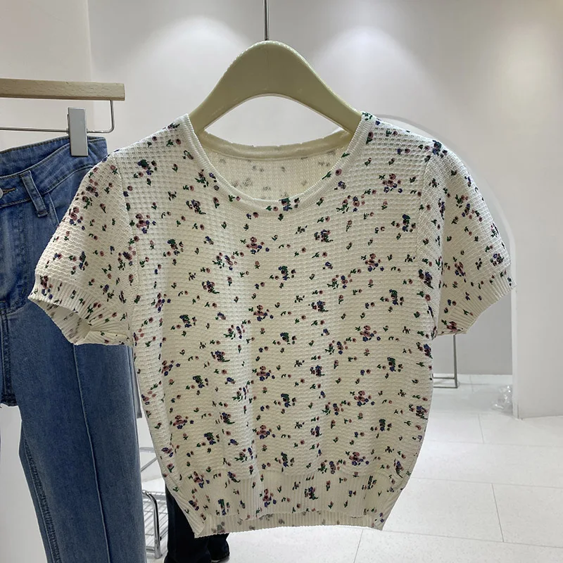Preppy Style O-Neck Short Sleeve Slim-Fit Cropped Top Printed Floral Waffle T-Shirts Women 2024 New Short Tees Shirts Female