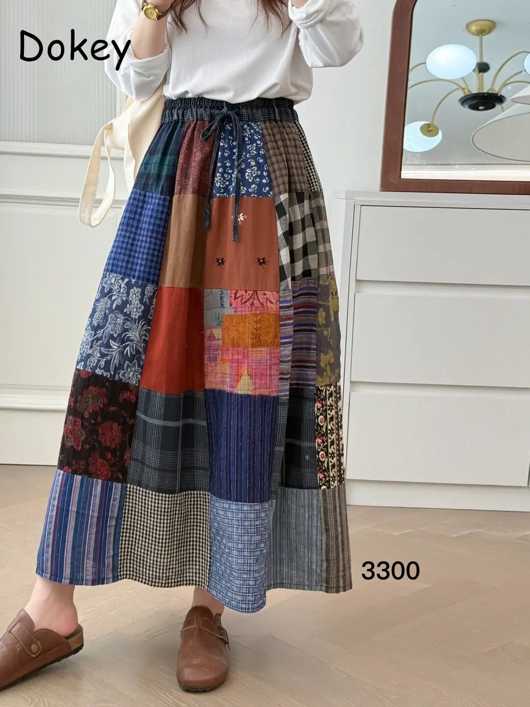 Vintage Patchwork Blue Denim Skirt Women Japanese Mori Girl Cotton Linen Long Skirt Summer Elastic Waist Midi A-Line Skirt Mujer
