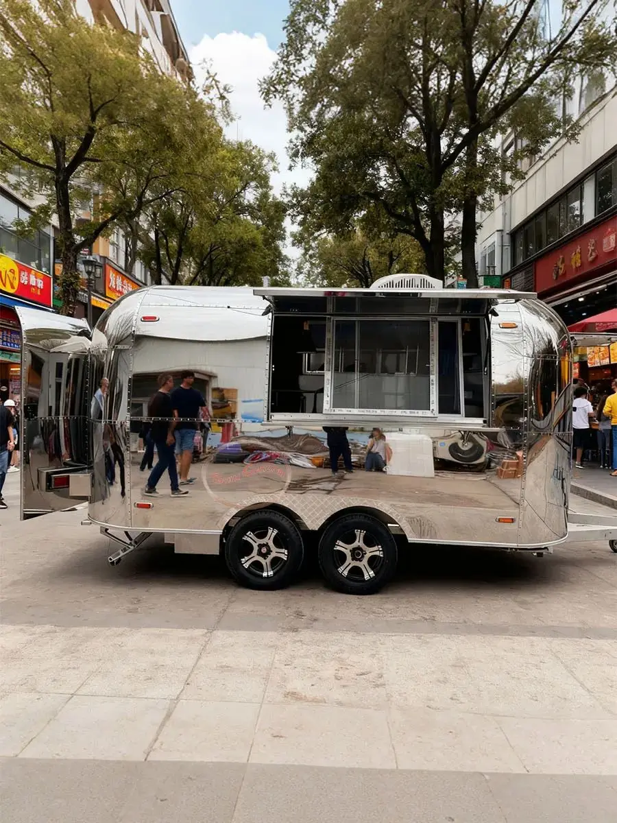 Outdoor Food Trailer Main Body Mirror-Finish Stainless Steel Fold-Out Service Window Flexible Mobility High Visual Appeal