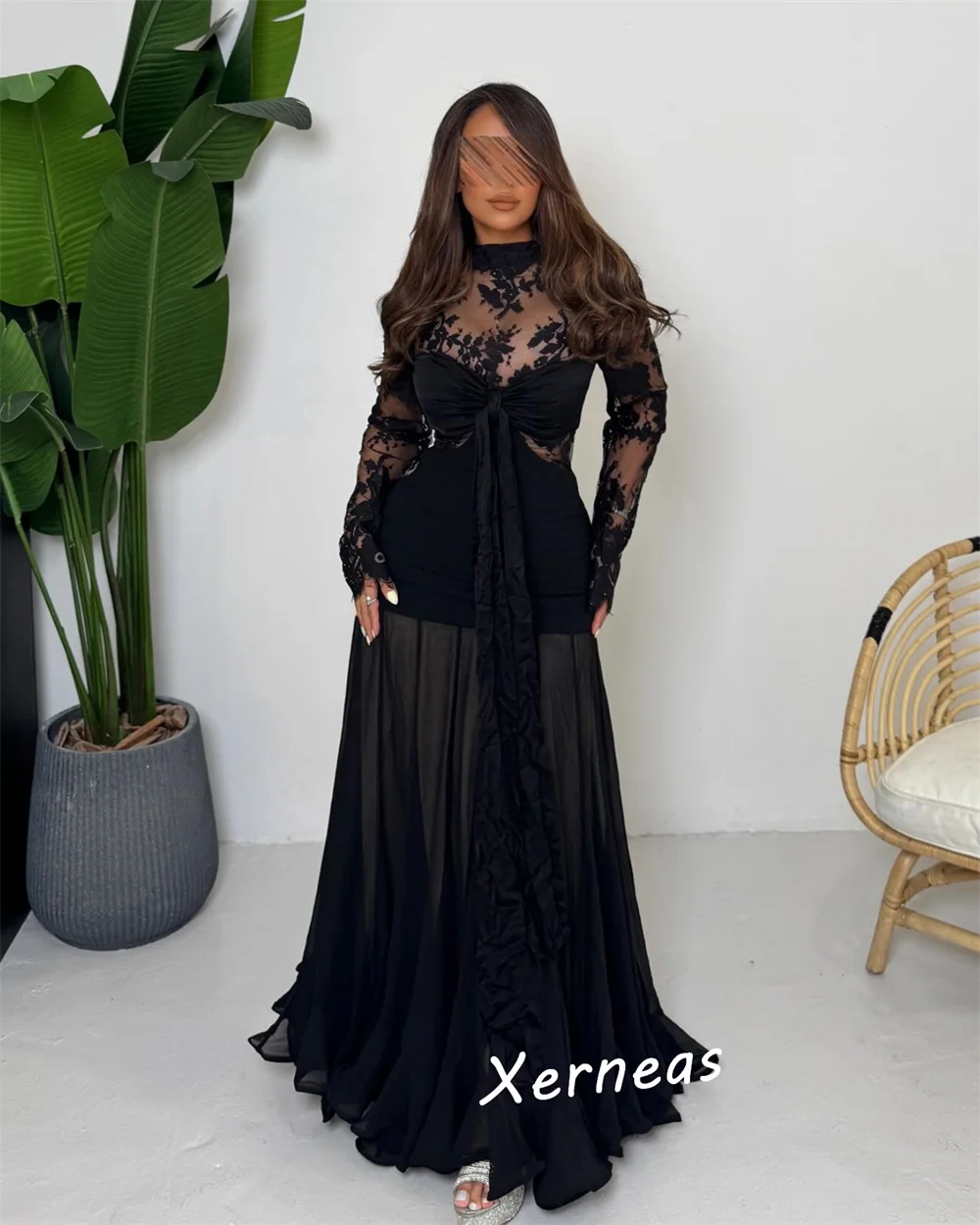 Customized Net Ruched Bow High Collar Trumpet Long Dresses Bespoke Occasion Prom Classic Exquisite Party Gown Lace Charming