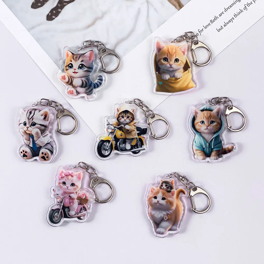 7Pcs Animal Lover Cat Acrylic Car Keychain Accessories Cute Bag Charm Funny Backpack Pendant Kawaii Key Ring Gifts For Friends