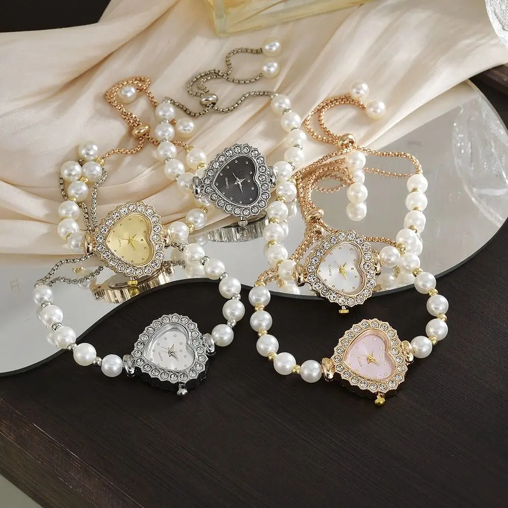 Heart-shaped Bracelet Watch Diamond-Studded Case Pearl Women Wristwatch Adjustable Chain Gift Quartz Watch Wrist Decoration