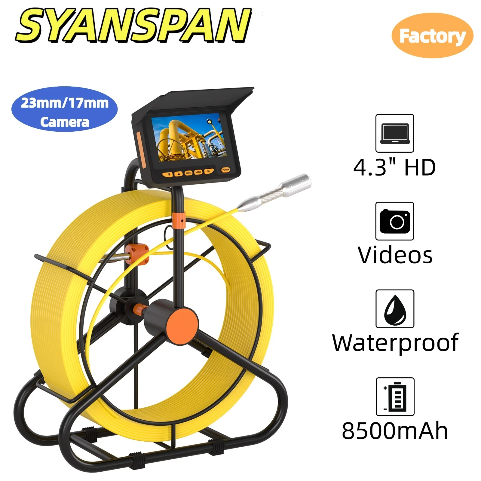 SYANSPAN Sewer Camera Pipeline Inspection Camera 4.3-inch Screen,Pipeline Camera 16GB DVR Camera 17mm/23mm Optional