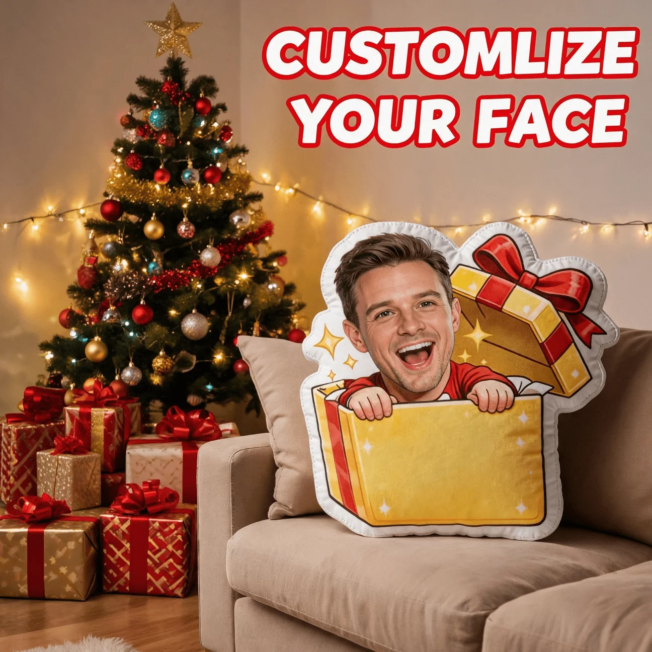 Custom Photo Gift Box Shaped Pillow, Personalized Face Popping Out of Present Decorative Cushion, Funny Smiling Expression Home