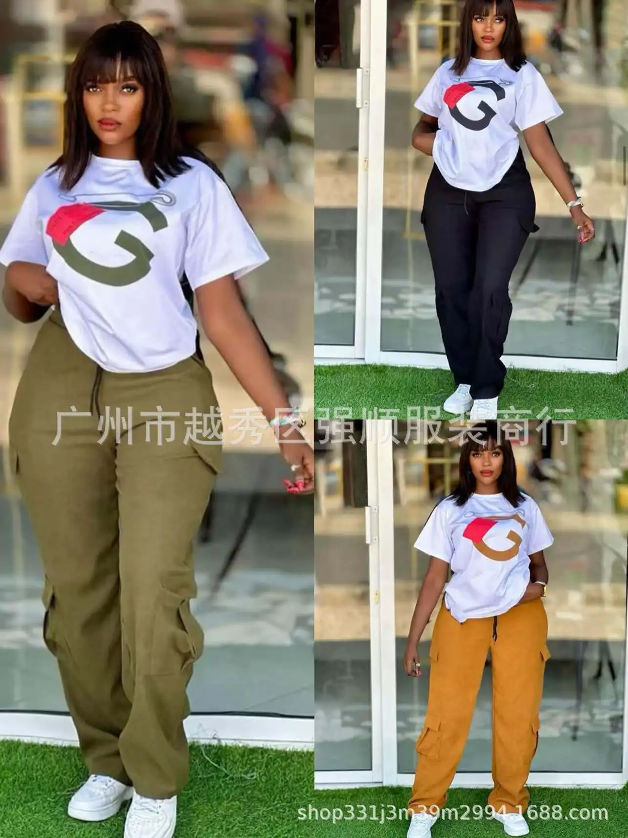 

Women Two Piece Sets Pant Set Round Neck Short Sleeve Tops Long Cargo Pants Matching Sets Loose Y2k High Waist Streetwear 2025