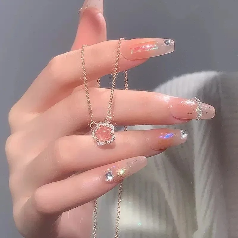 Sakura Pendant Necklace Halo Pave Clear CZ Pink Heart Crystal Charm Cable Chain Necklace Women Feminine Daily Jewelry