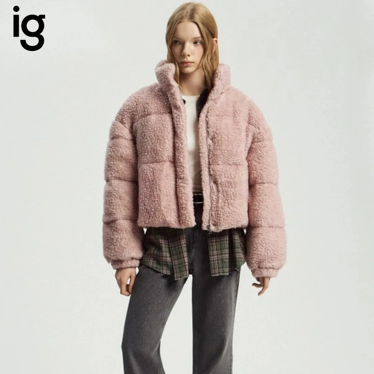 IG Women Pink Stand Collar Quilted Teddy Fleece Cropped Puffer Jacket Full Zip Side Pockets, Winter Warm Casual Fluffy Outerwear