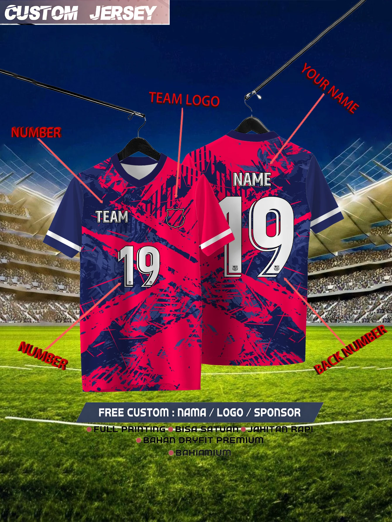 

Customized Geometric Red Short Sleeved Shirt with Team Name, Emblem, Name and Number, Outdoor Sports Short Sleeved T-shirt