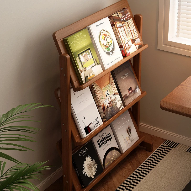 Modern Nanmu Bookcase Heavy Duty Floor Shelf Magazine Rack for Bedroom Living Room Kids Picture Book Newspaper Display Stand