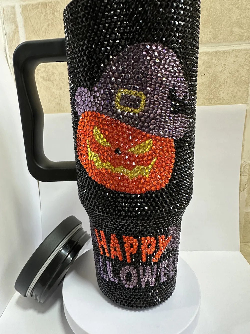 

40oz Black Halloween Handmade Bling Sparkle DIY Ghost Pumpkin Stainless Steel Water Tumbler with Straw ,Girls Festival Keepsake