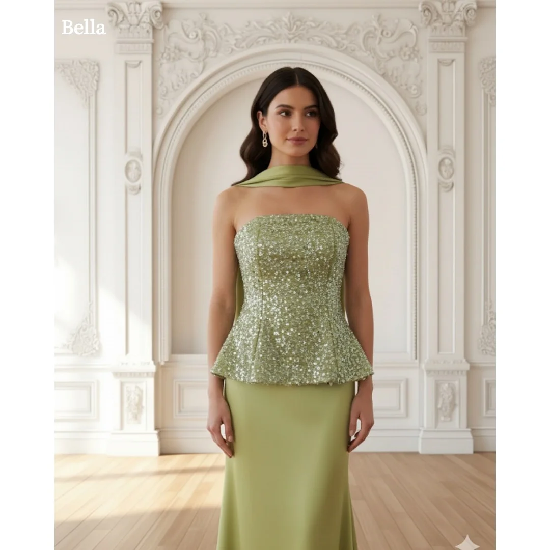 

Длинные шелковые шарфы Bella по индивидуальному заказу с зелеными пайетками, вечерние платья без бретелек с открытой спиной, платье для выпускного вечера без рукавов 2025