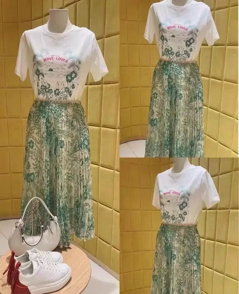 New small fresh ink painting flower print  fold elastic waist skirt