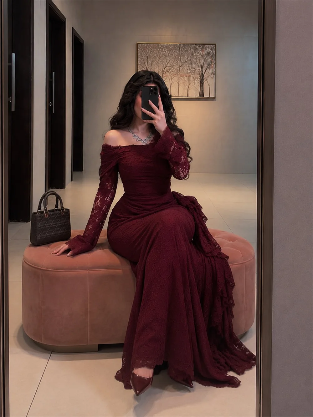 Amanda Customizd Off‑the‑shoulder Floral Lace Long sleeve Mermaid dress Evening gowns Floor‑length Burgundy Ruffle Party dresses