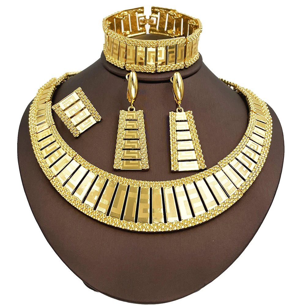 Dubai Jewelry Set Women Luxury Design High-end Gold Plated Necklace Bangle Earring Ring Daily Wear Accessory Ideal Gift