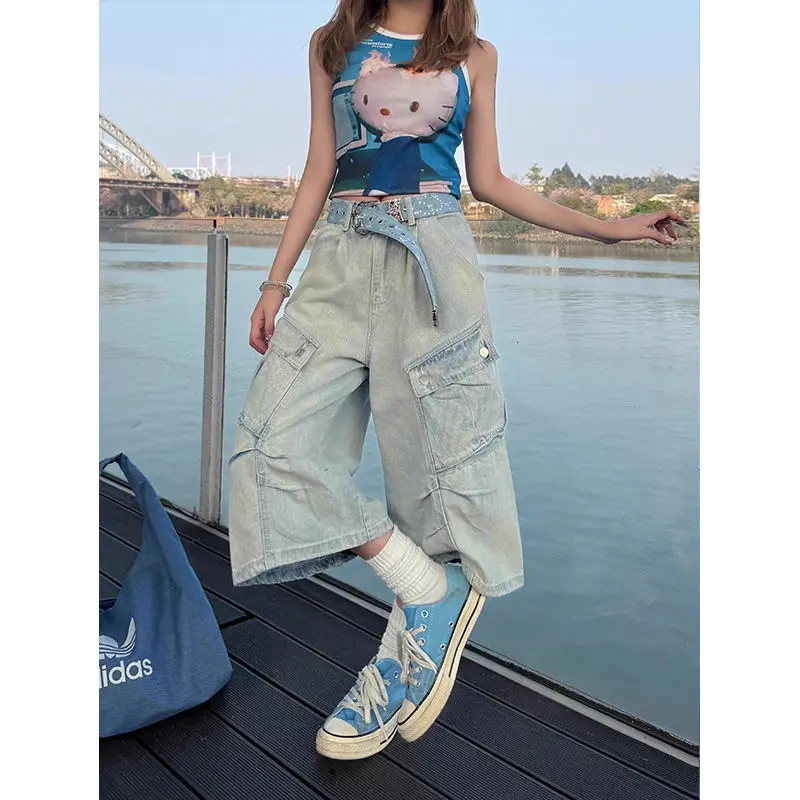 Deeptown Vintage Washed Women Cargo Jeans Pocket Wide Leg American Style Denim Pants Baggy High Waist Casual Streetwear Summer