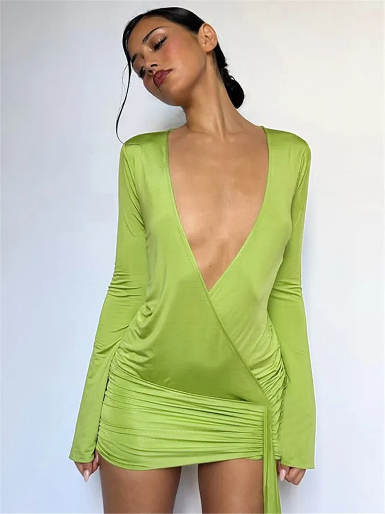 Shestyle Green Deep V-Neck Sexy Dress Women Ruched Tassel Sheath Solid Sexy Cluwear Trendy Long Flare Sleeve Autumn Clothes