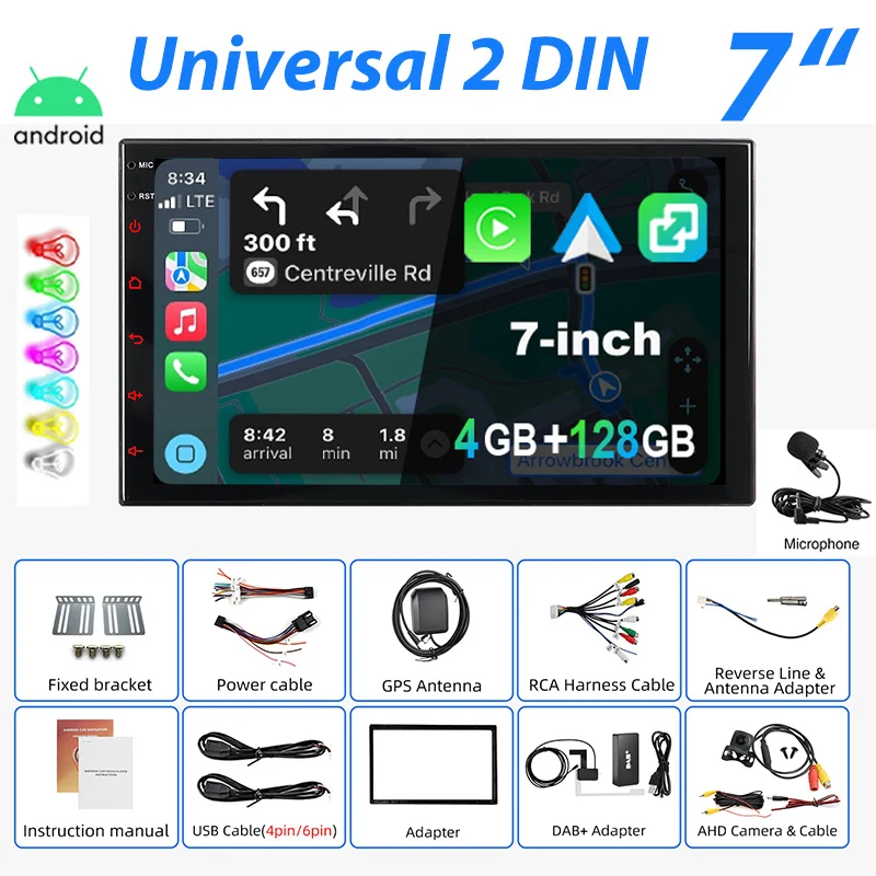 Universeel Autoradio ESSGOO Android 15 7"/9"/10" 4+128 GB 2 DIN Draadloze CarPlay Android Auto GPS Navigatie RDS FM Bluetooth 7 Kleuren ASP-scherm Mirror Link Aanraakscherm Stuurwielbediening