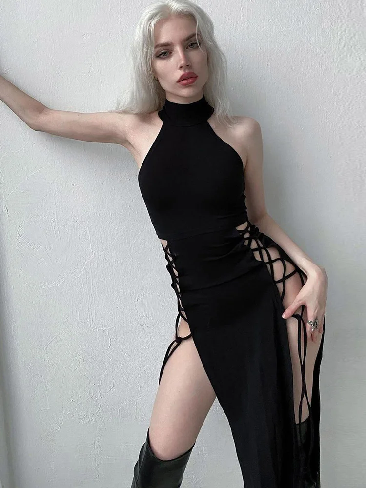 Hohe Split Sexy Verband Frauen Kleider Y2K Mall Gothic Halter Schlank Midi Kleid Schwarz Grunge Stil Alt party