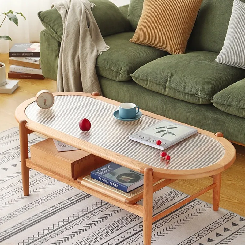 

Solid wood Japanese cherry wood glass rattan small apartment tea table living room table
