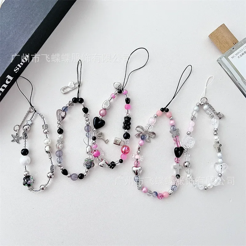 Bowknot Beaded Mobile Phone Chain Charm Acrylic Heart Beaded Pendant Phone Hanging Lanyard Strap Women Girls Sweet Accessories