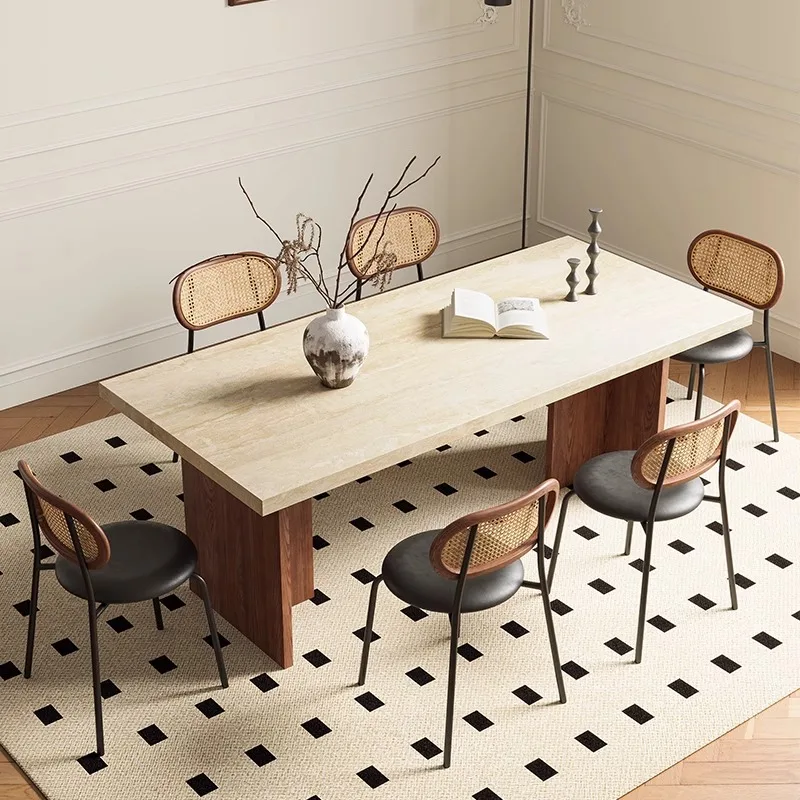 

French Retro Style Solid Wood Ash Wood Travertine Rock Slab Dining Table Modern Simple Muebles Para El Hogar Rectangular Table