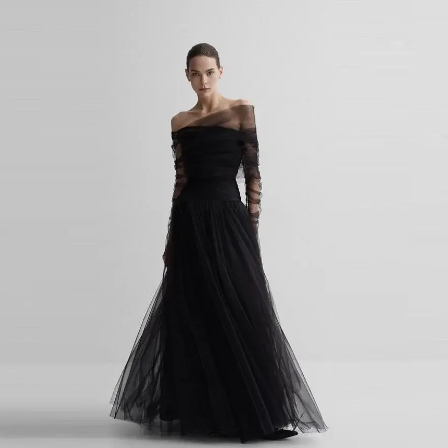 Black A Line Formal Party Dresses See Through Floral Prom Gowns Lush Long Sleeves Prom Gown Off Shoulder Tulle Ruffles